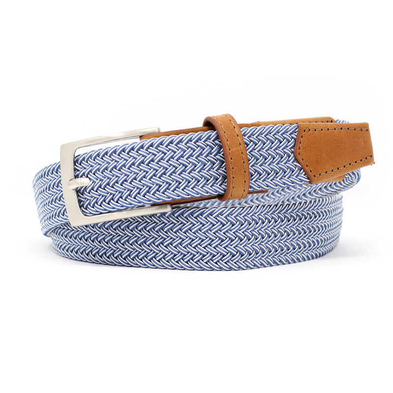 blue and white braided woven stretch belt
